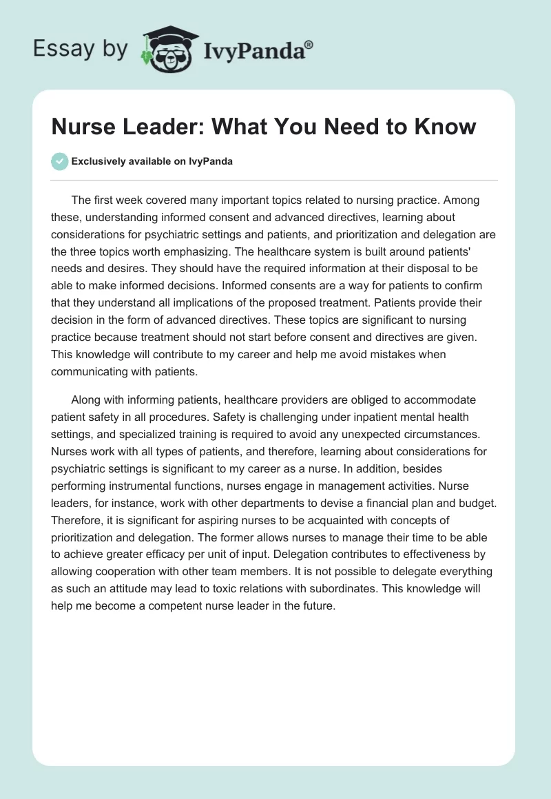 Nurse Leader: What You Need to Know. Page 1