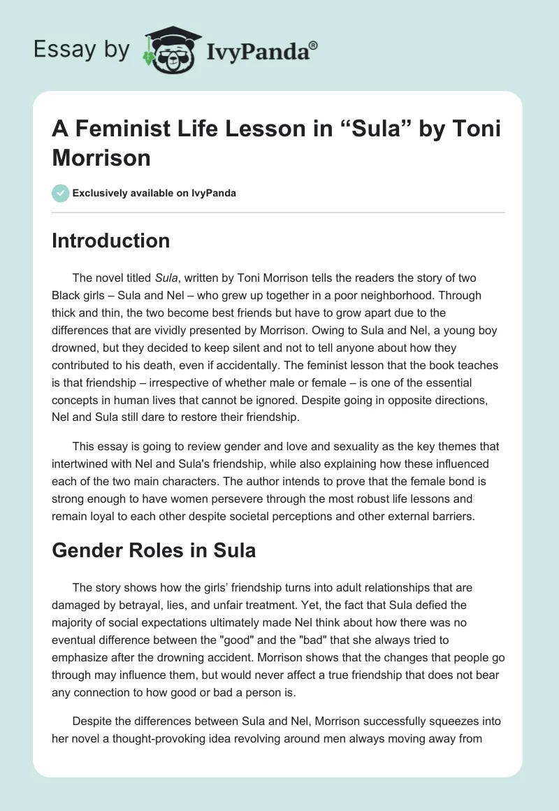 A Feminist Life Lesson in “Sula” by Toni Morrison. Page 1