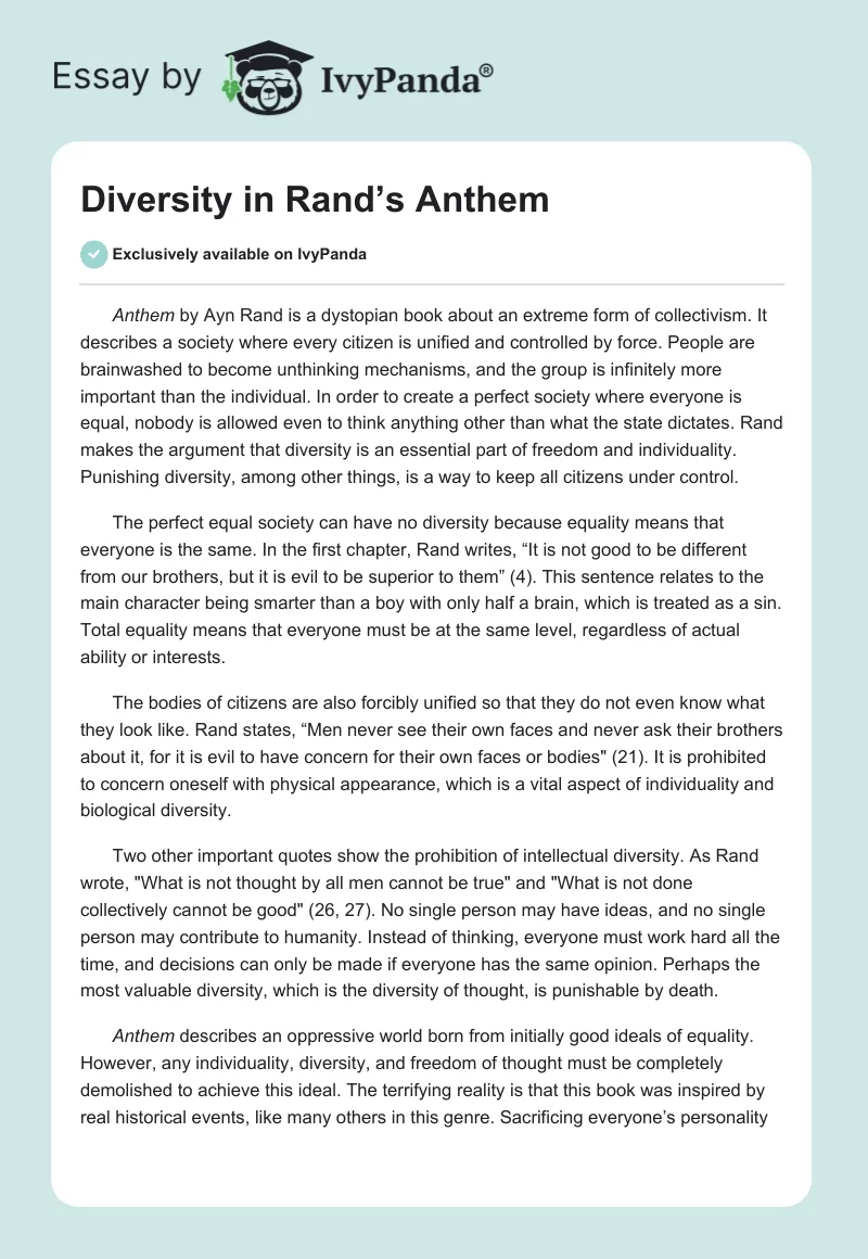 Diversity in Rand’s "Anthem". Page 1