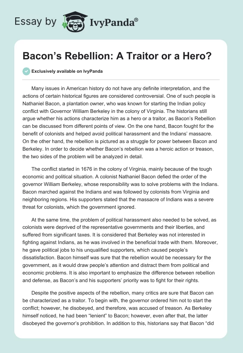 Bacon’s Rebellion: A Traitor or a Hero?. Page 1