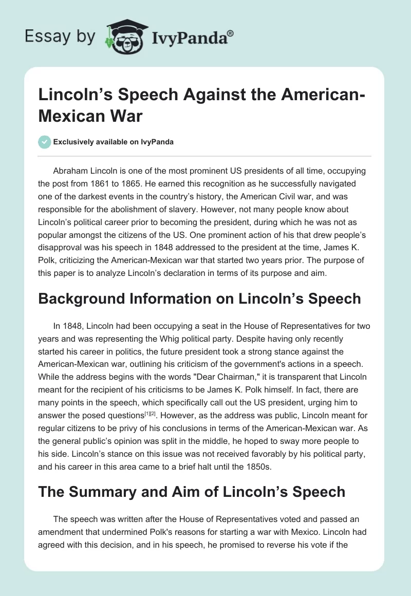 Lincoln’s Speech Against the American-Mexican War. Page 1