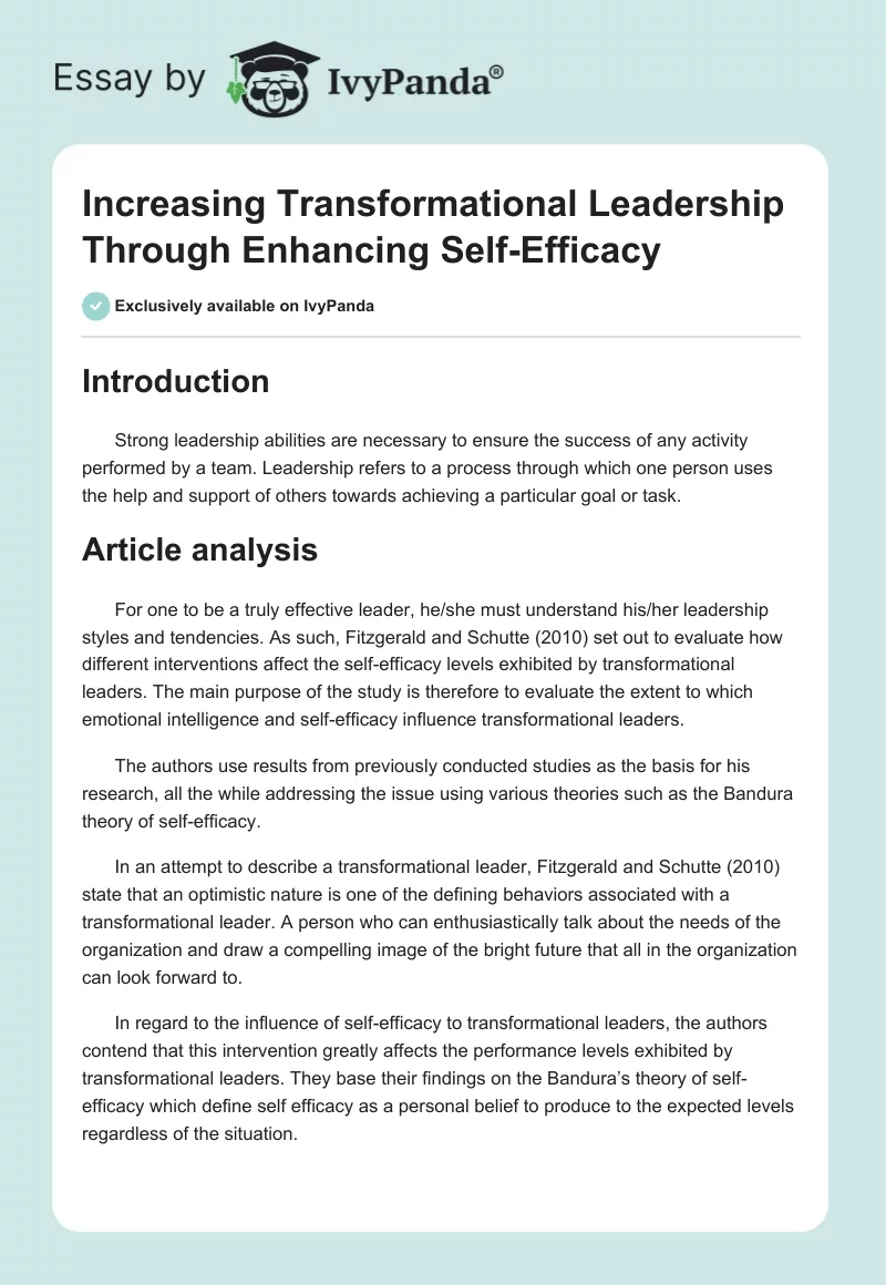 Increasing Transformational Leadership Through Enhancing Self-Efficacy. Page 1