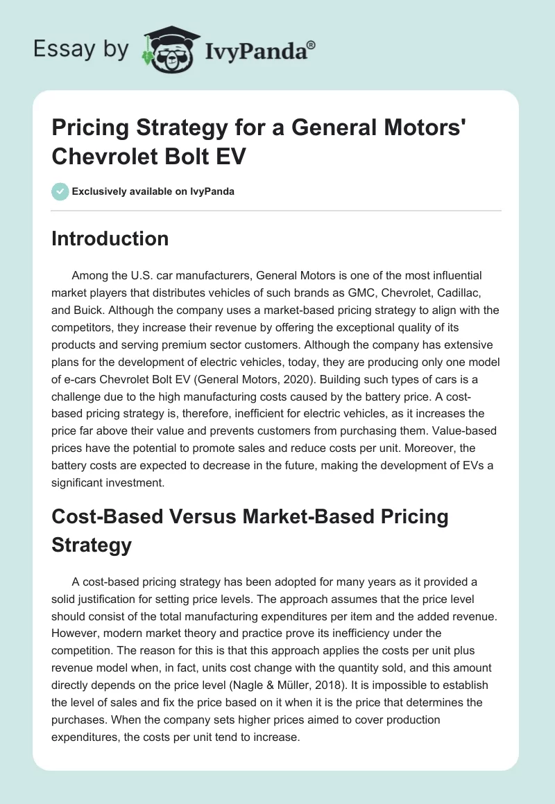 Pricing Strategy for a General Motors' Chevrolet Bolt EV. Page 1