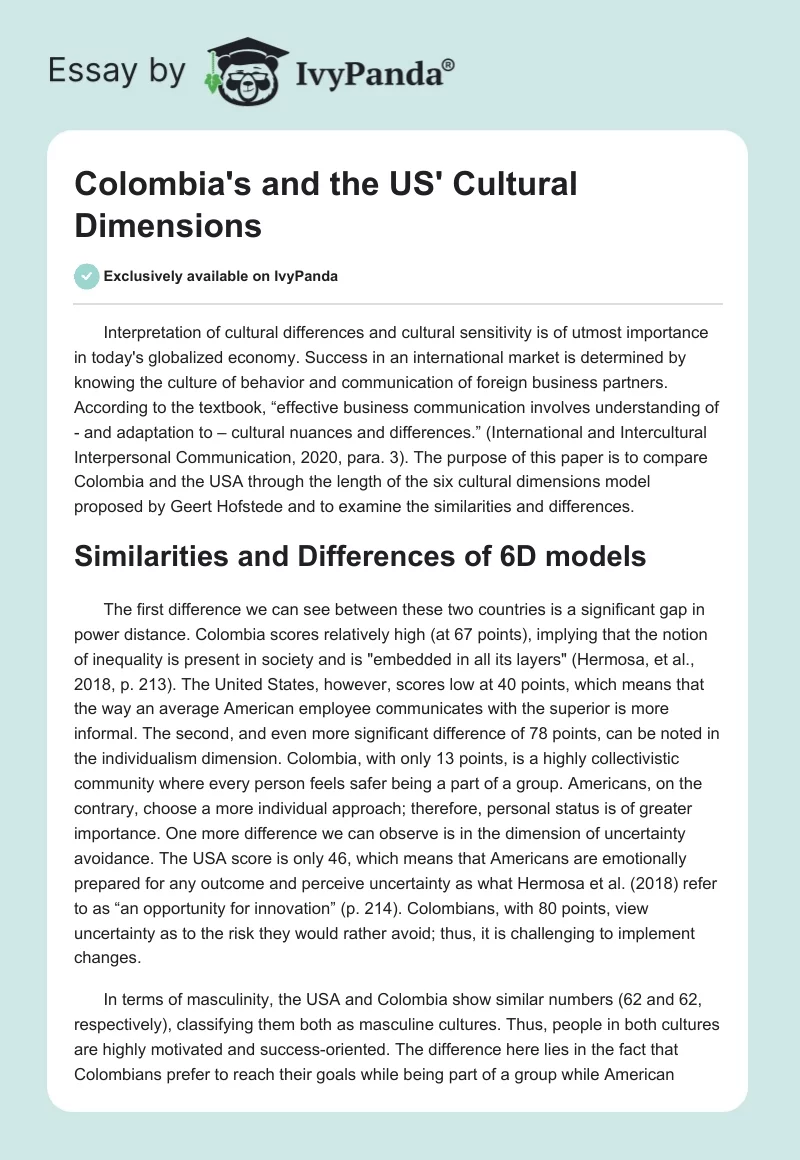 Colombia's and the US' Cultural Dimensions. Page 1