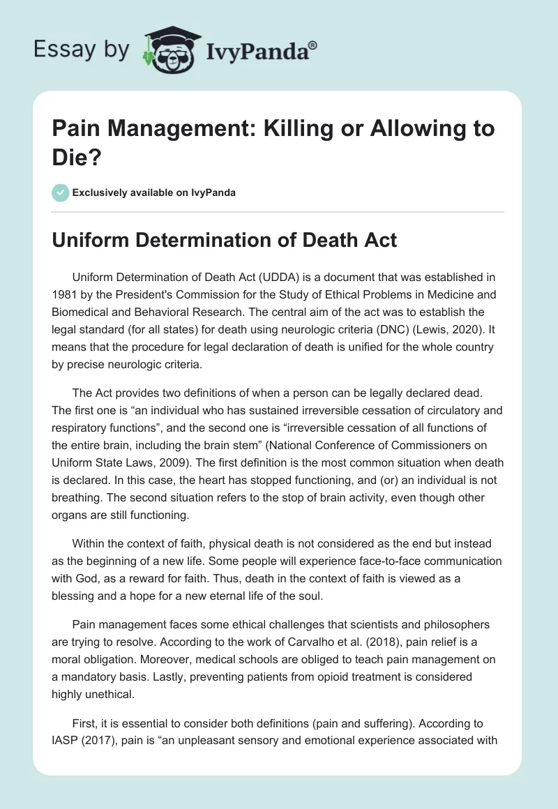 Pain Management: "Killing or Allowing to Die?". Page 1