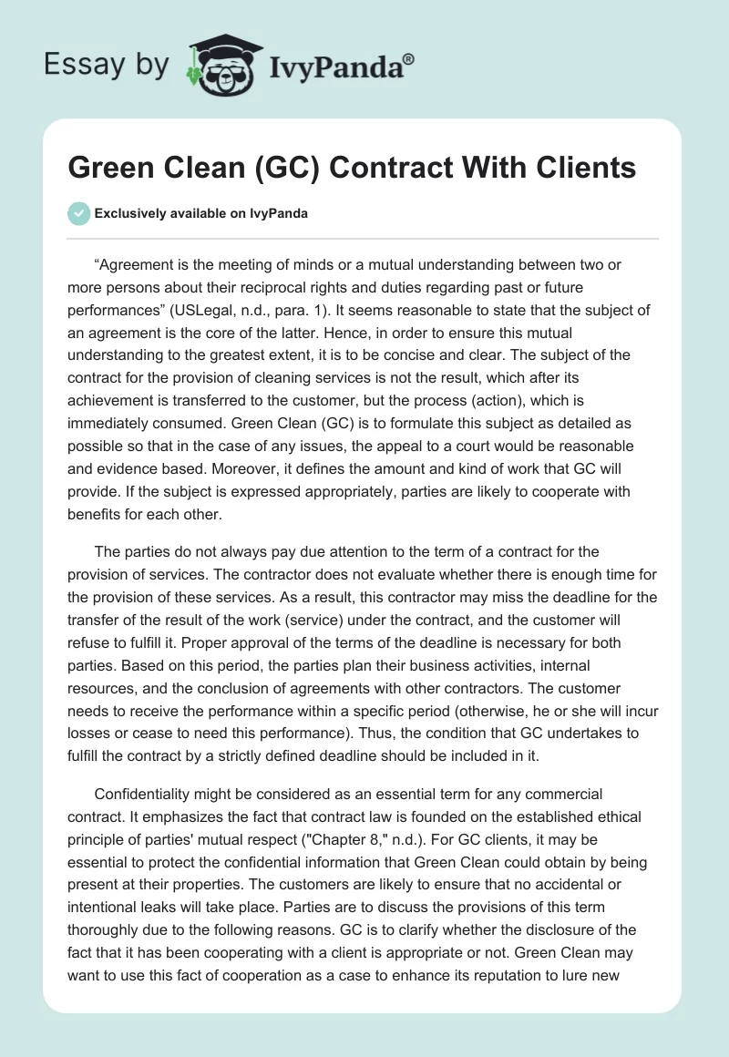 Green Clean (GC) Contract With Clients. Page 1