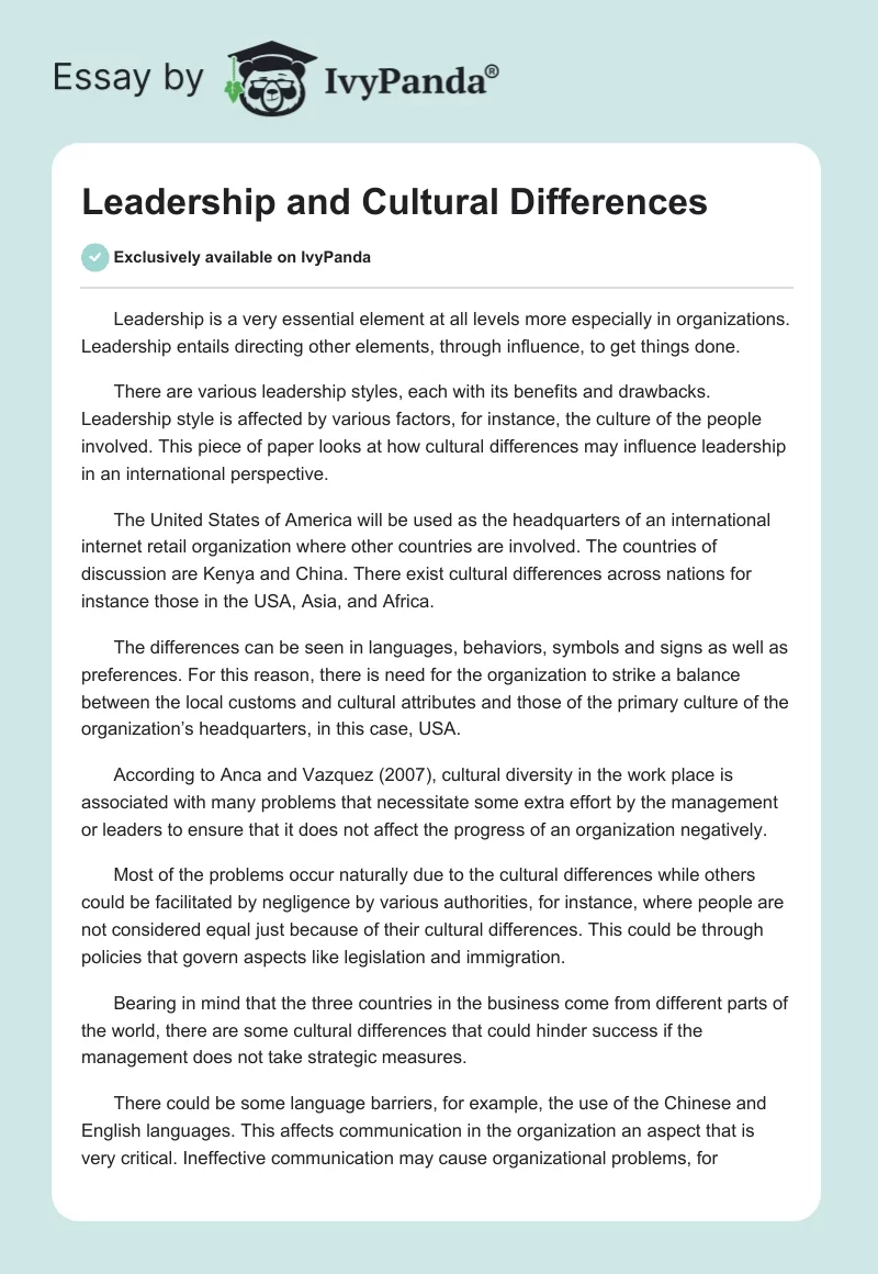 Leadership and Cultural Differences. Page 1