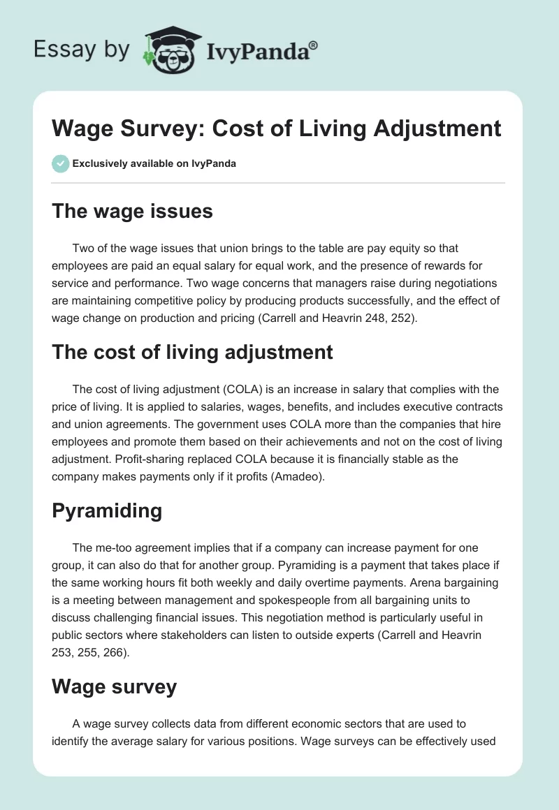 Wage Survey: Cost of Living Adjustment. Page 1