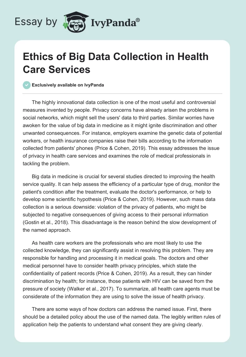 Ethics of Big Data Collection in Health Care Services. Page 1