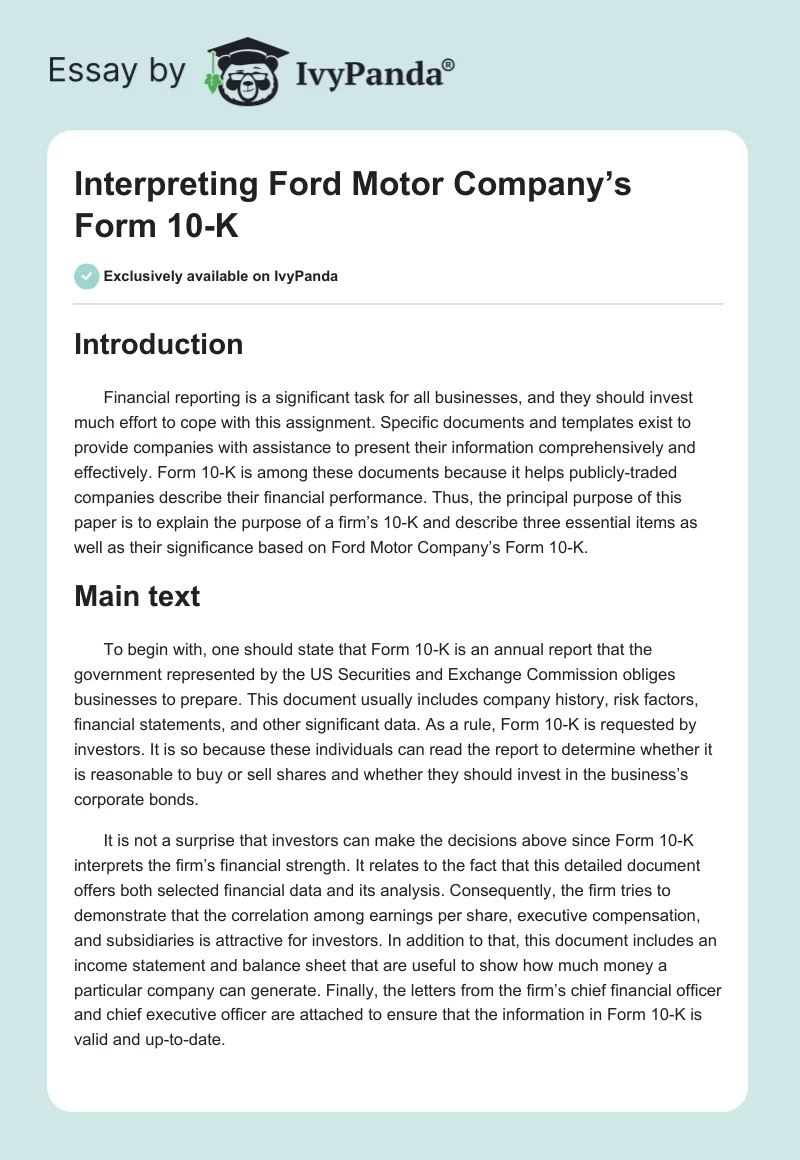 Interpreting Ford Motor Company’s Form 10-K. Page 1