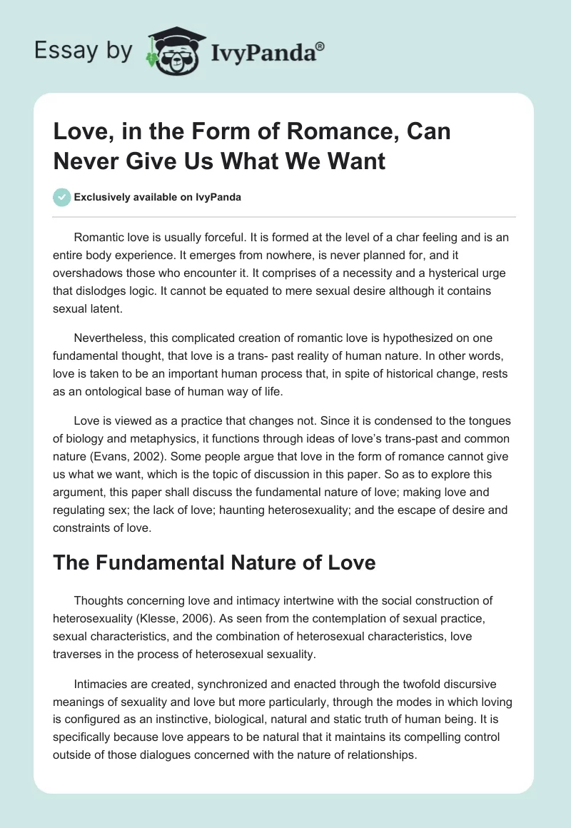 Love, in the Form of Romance, Can Never Give Us What We Want. Page 1