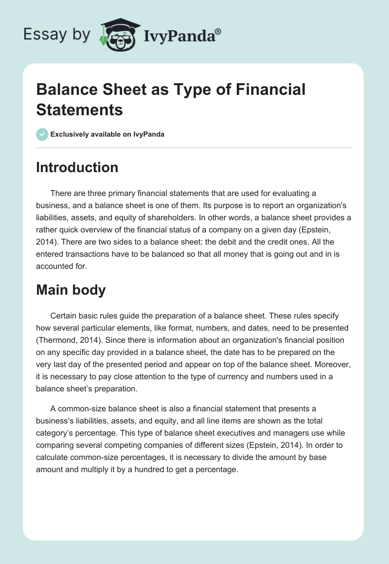 Balance Sheet as Type of Financial Statements. Page 1