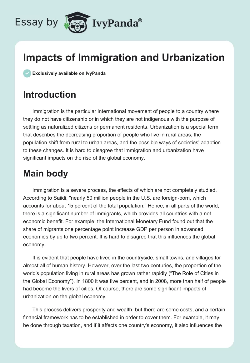 Impacts of Immigration and Urbanization. Page 1
