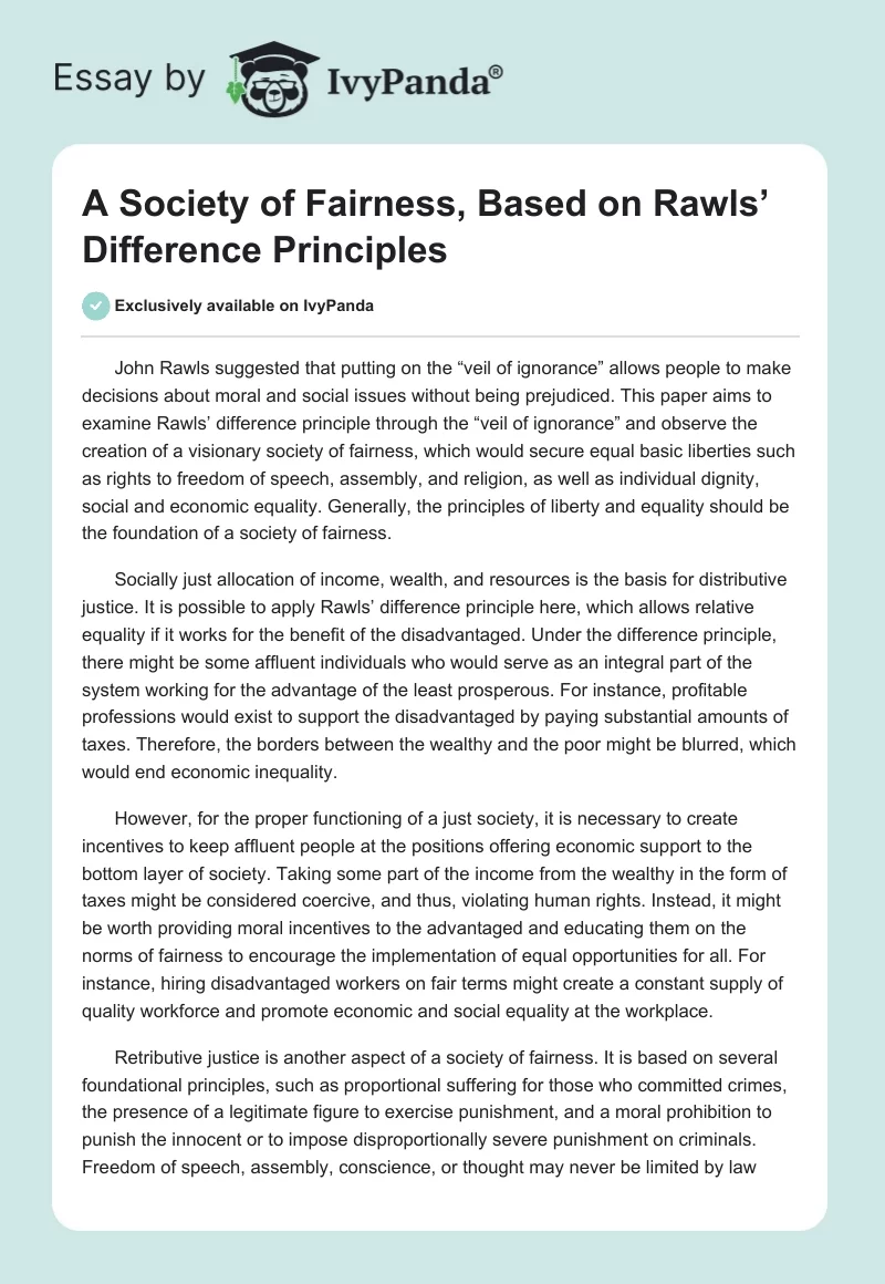 A Society of Fairness, Based on Rawls’ Difference Principles. Page 1