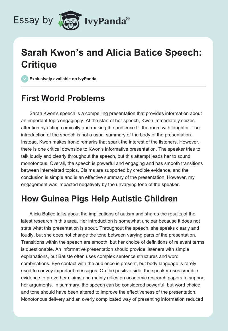 Sarah Kwon’s and Alicia Batice Speech: Critique. Page 1
