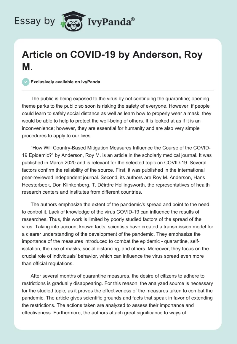 Article on COVID-19 by Anderson, Roy M.. Page 1