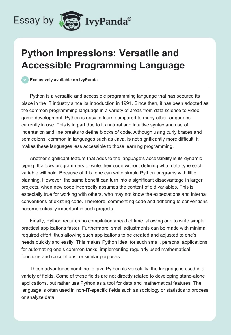 Python Impressions: Versatile and Accessible Programming Language. Page 1