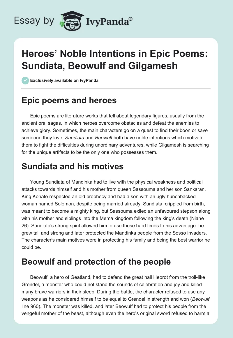 Heroes’ Noble Intentions in Epic Poems: Sundiata, Beowulf and Gilgamesh. Page 1