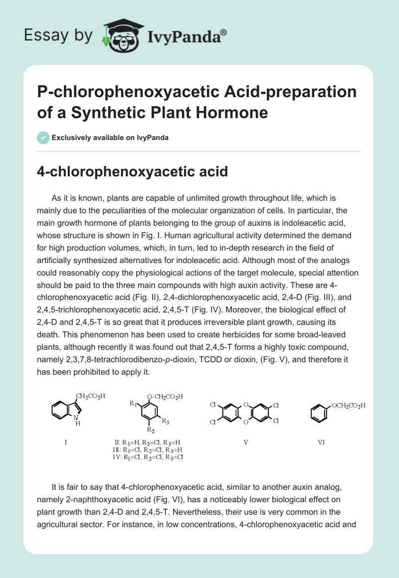 P-chlorophenoxyacetic Acid-preparation of a Synthetic Plant Hormone. Page 1
