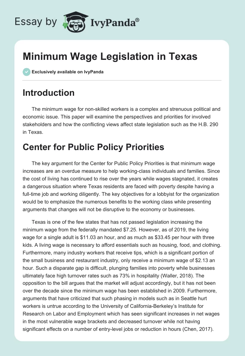Minimum Wage Legislation in Texas 1374 Words Essay Example