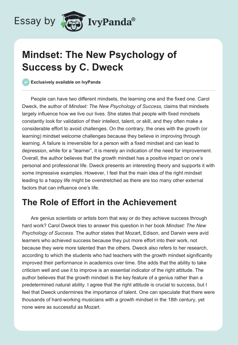 "Mindset: The New Psychology of Success" by C. Dweck. Page 1