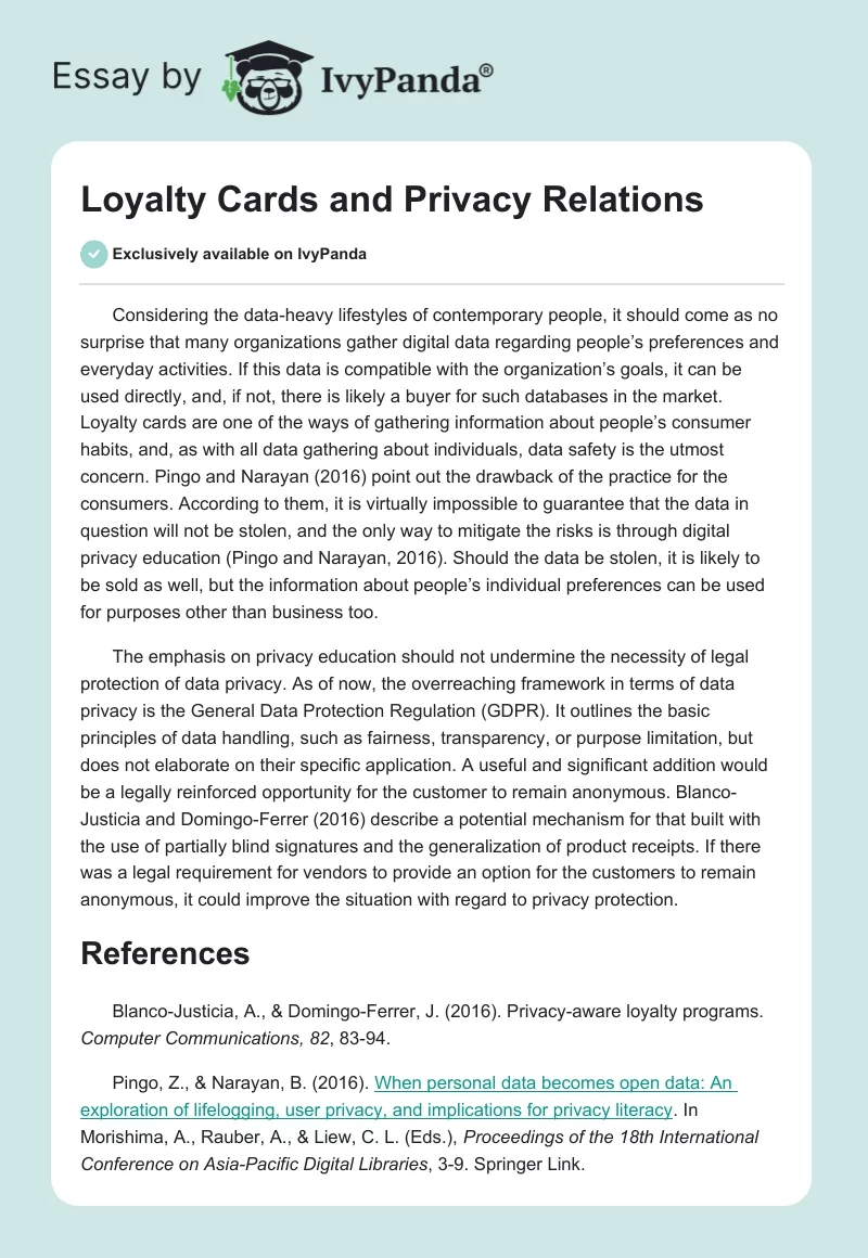 Loyalty Cards and Privacy Relations. Page 1