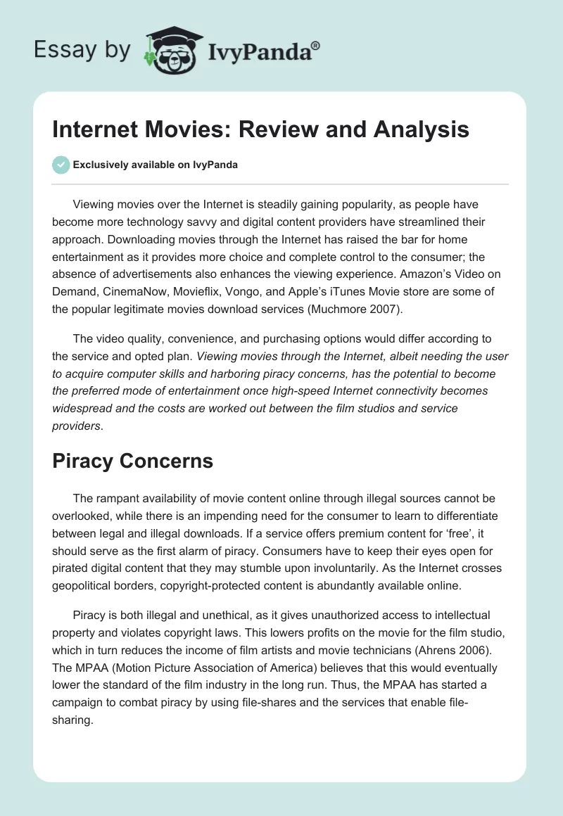 Internet Movies: Review and Analysis. Page 1