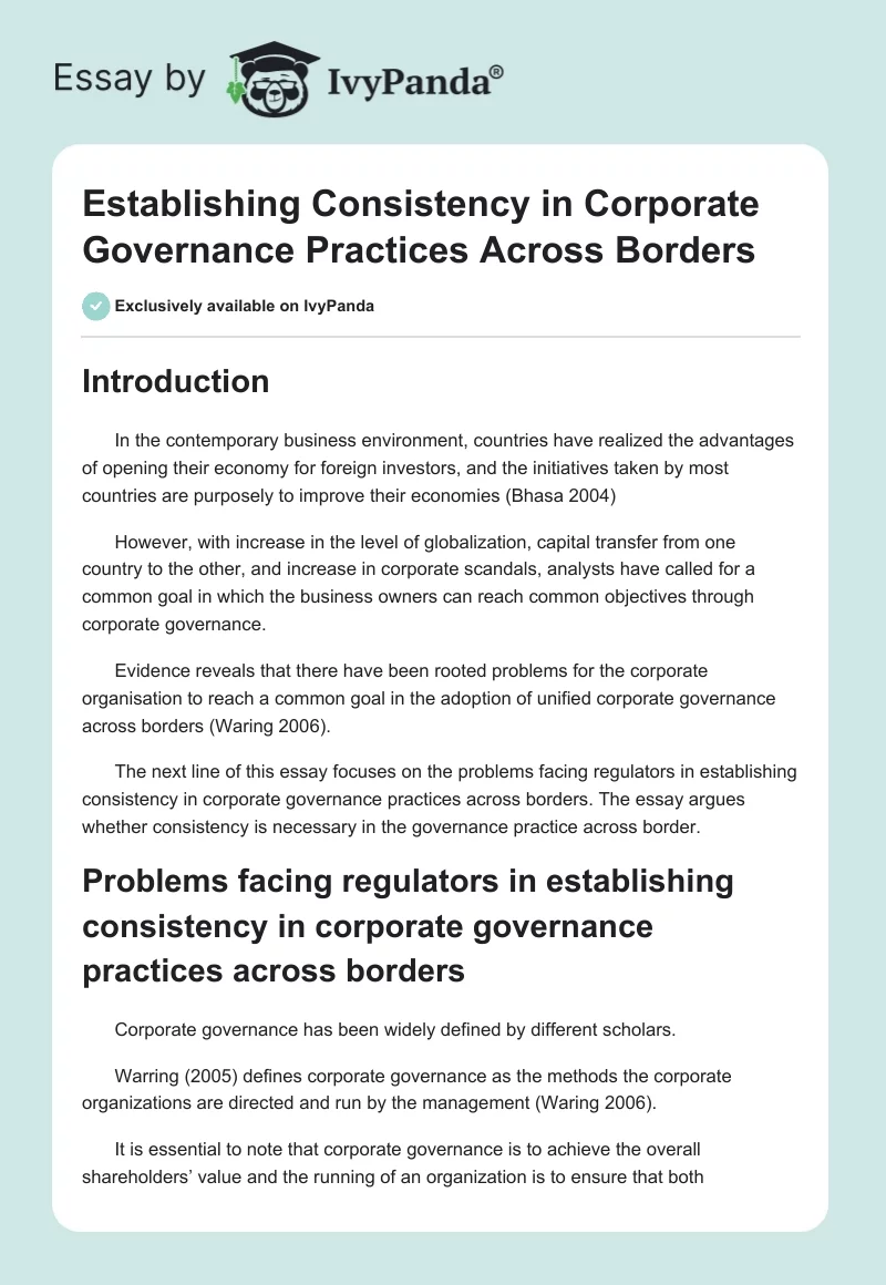 Establishing Consistency in Corporate Governance Practices Across Borders. Page 1