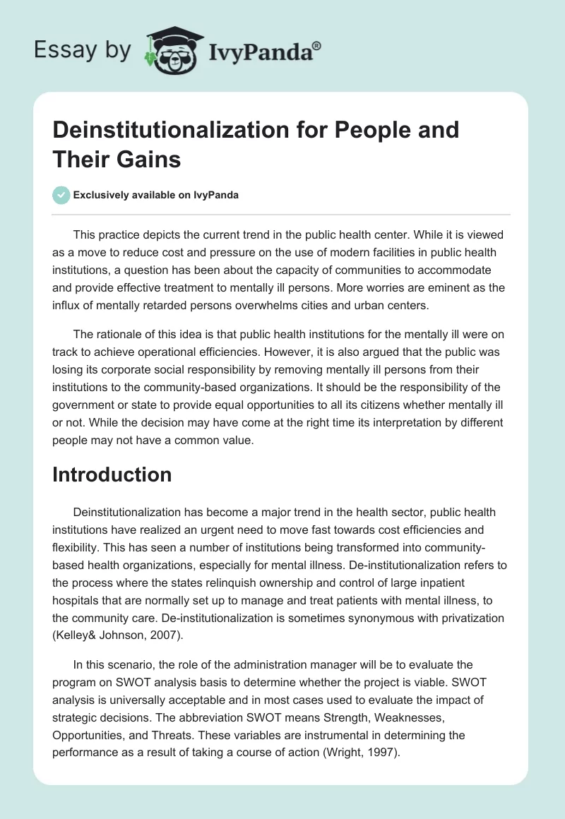 Deinstitutionalization for People and Their Gains. Page 1