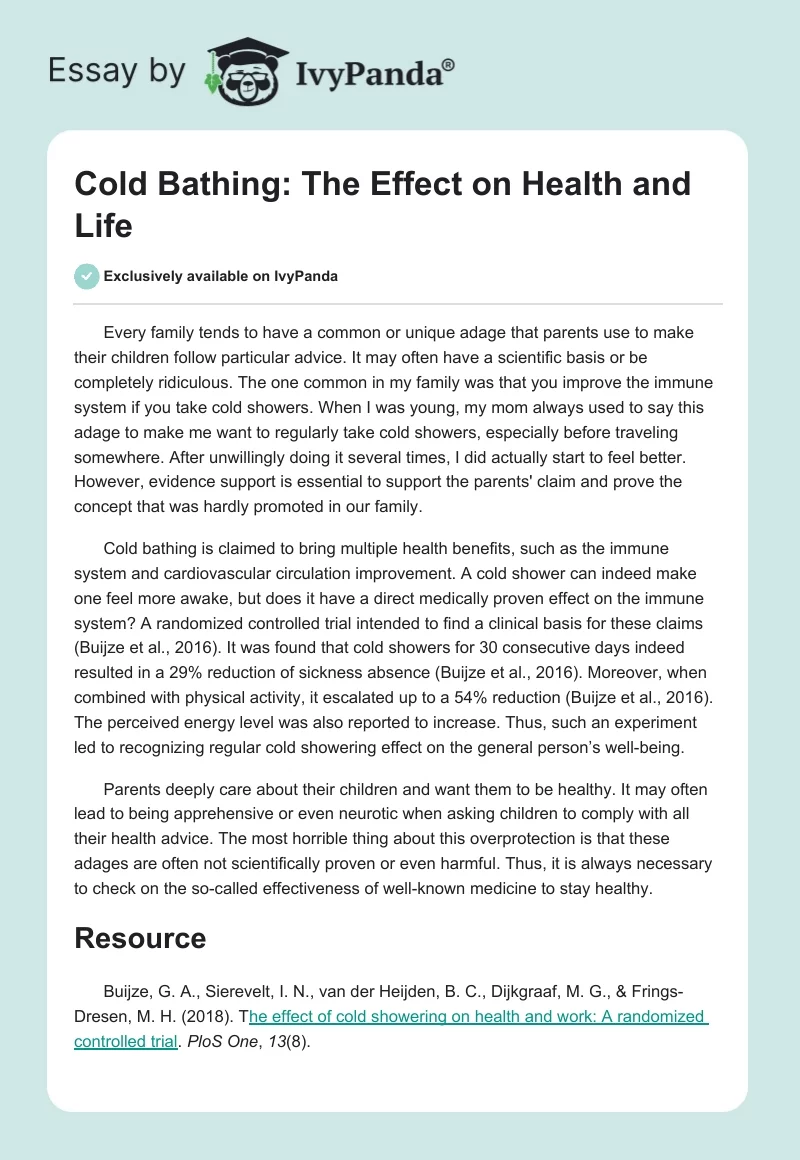 Cold Bathing: The Effect on Health and Life. Page 1