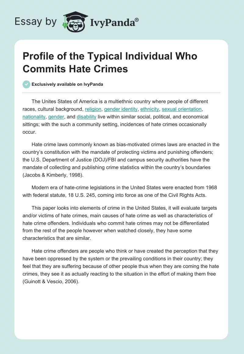 Profile of the Typical Individual Who Commits Hate Crimes. Page 1