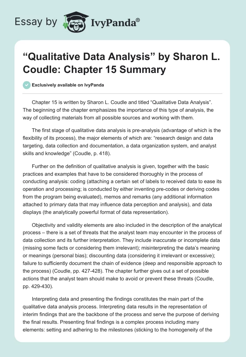 “Qualitative Data Analysis” by Sharon L. Coudle: Chapter 15 Summary. Page 1