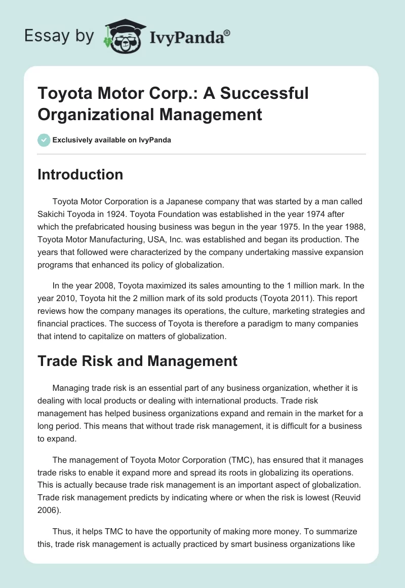 Toyota Motor Corp.: A Successful Organizational Management. Page 1
