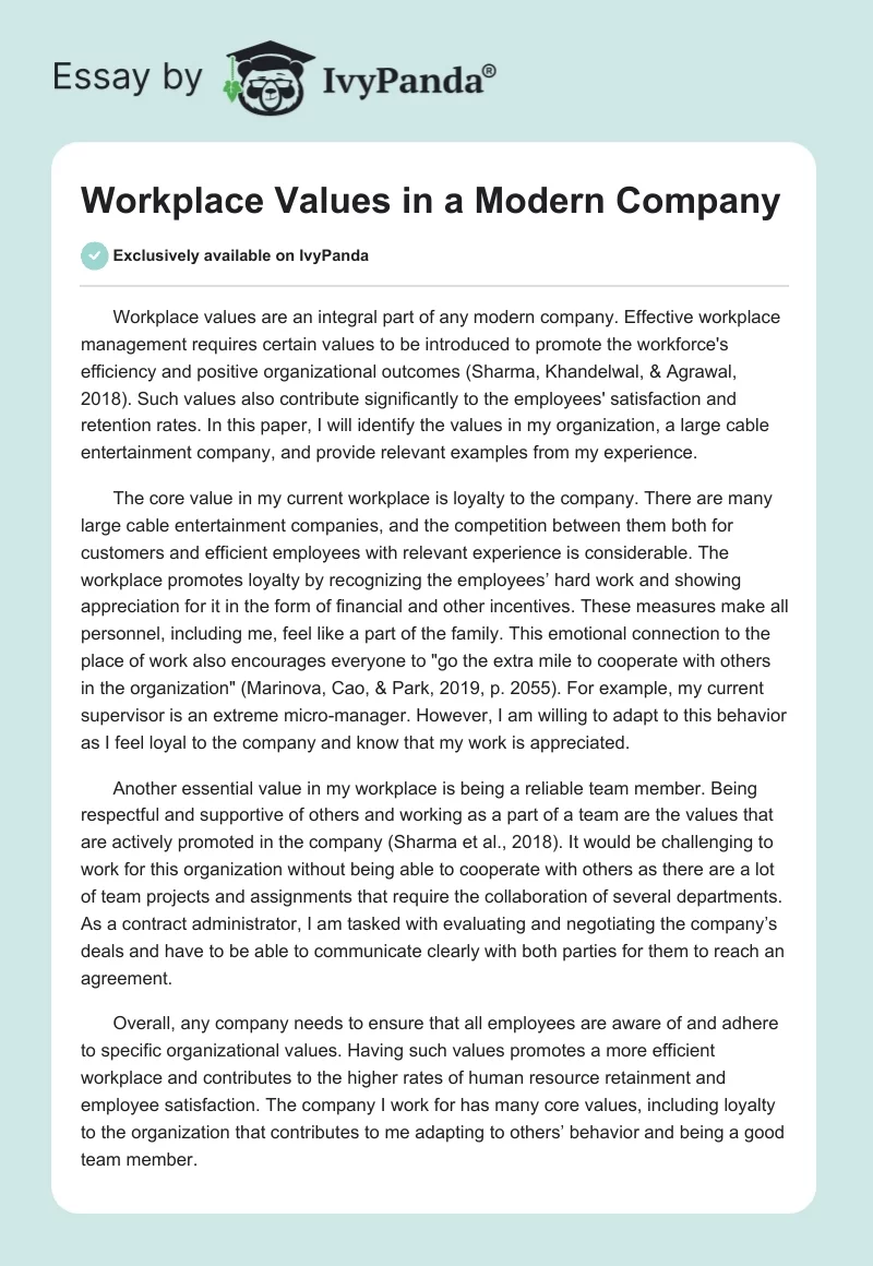 Workplace Values in a Modern Company. Page 1