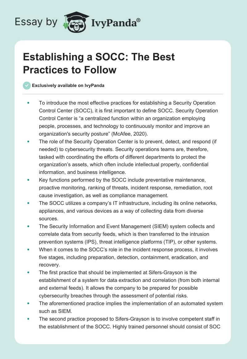Establishing a SOCC: The Best Practices to Follow. Page 1
