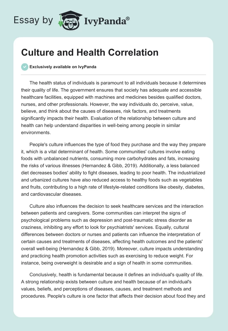 Culture and Health Correlation. Page 1