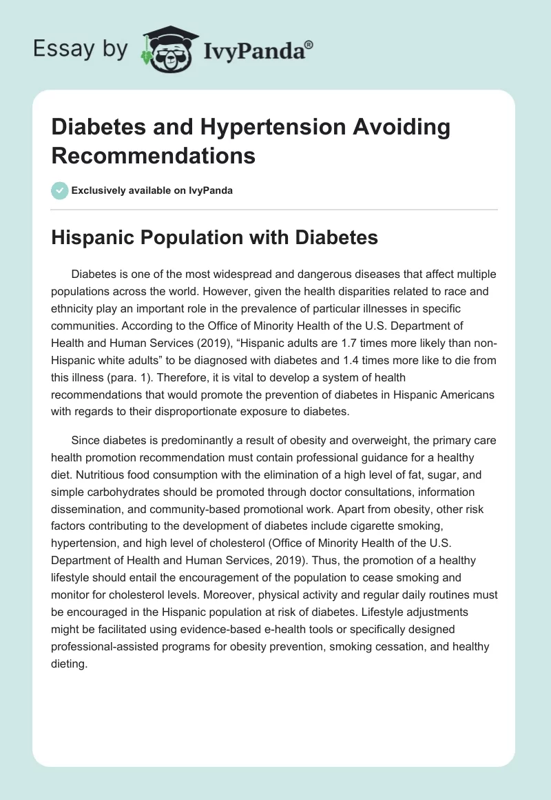 Diabetes and Hypertension Avoiding Recommendations. Page 1