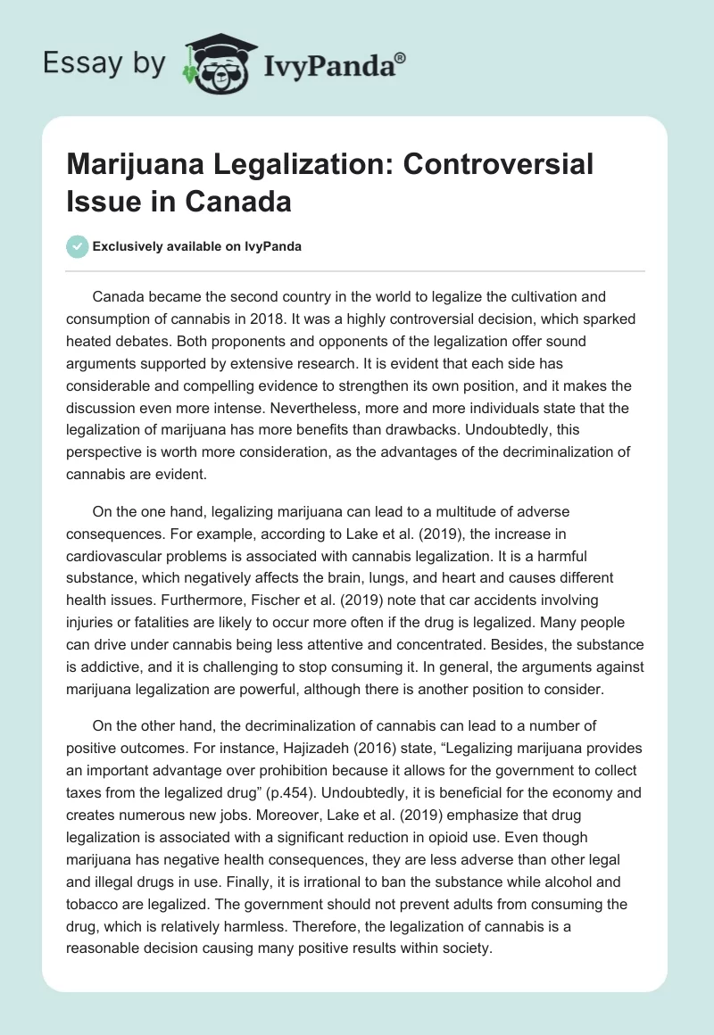 Marijuana Legalization: Controversial Issue in Canada. Page 1