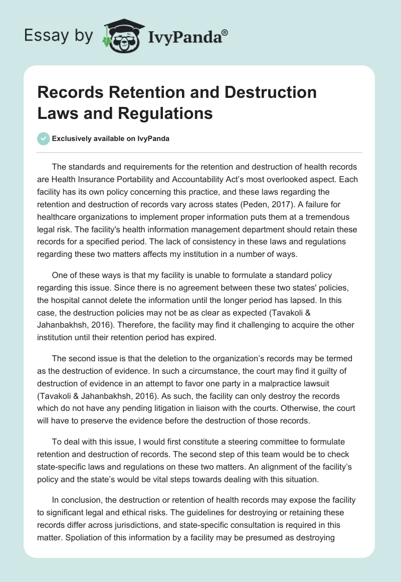Records Retention and Destruction Laws and Regulations. Page 1