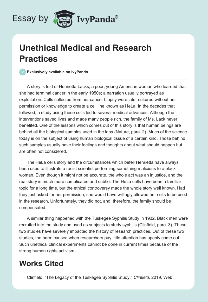 Unethical Medical and Research Practices. Page 1
