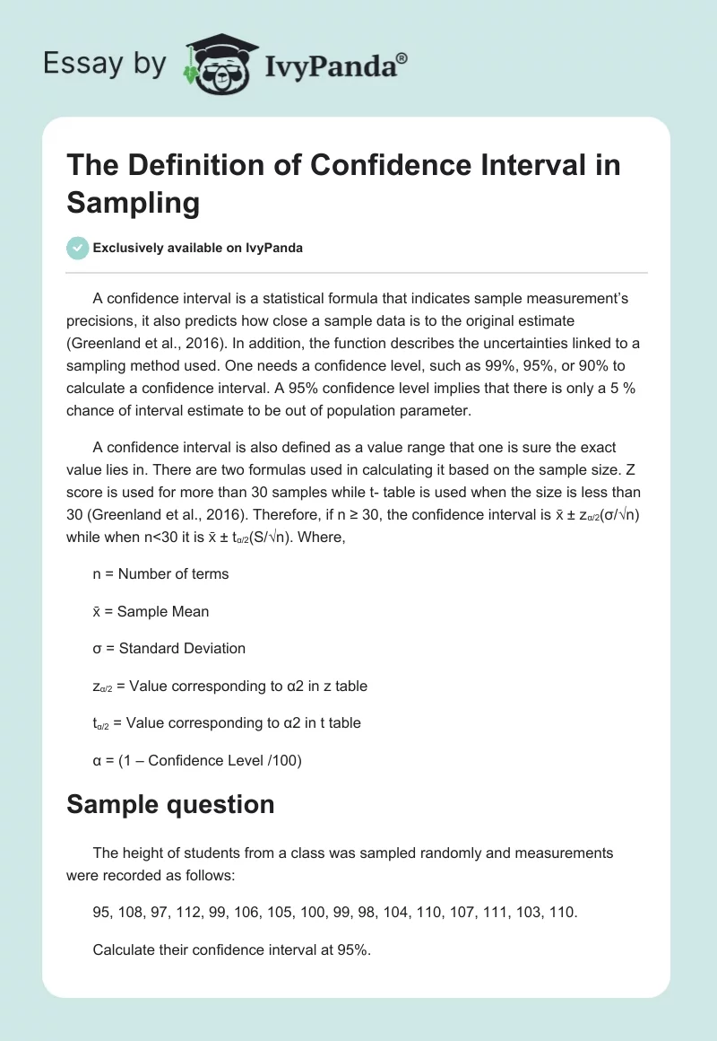 The Definition of Confidence Interval in Sampling. Page 1