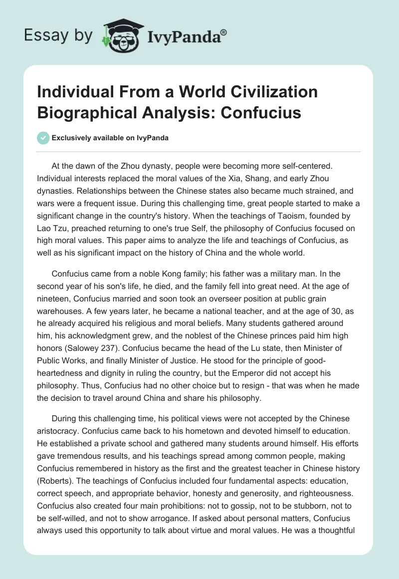 Individual From a World Civilization Biographical Analysis: Confucius. Page 1