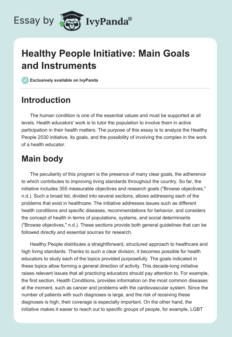 Healthy People Initiative: Main Goals and Instruments. Page 1