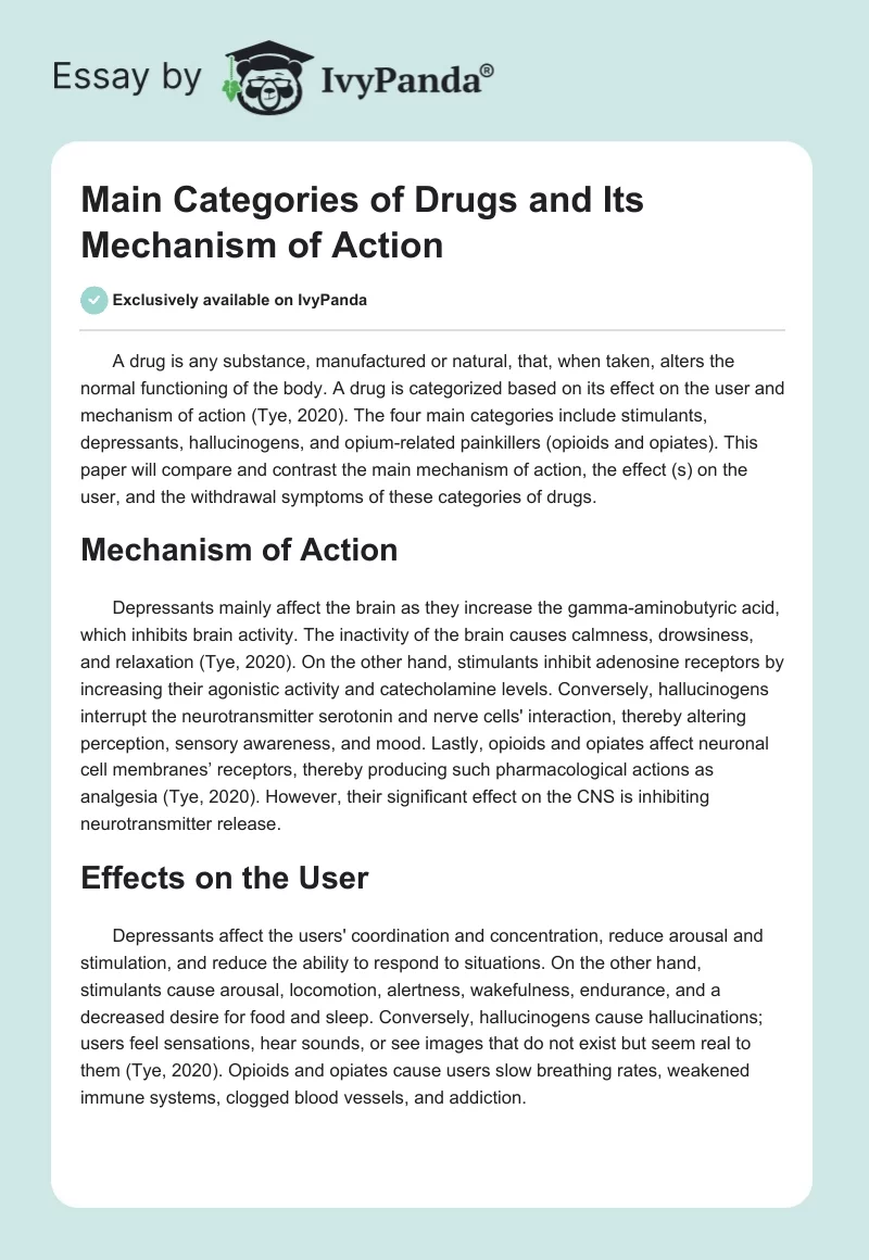 Main Categories of Drugs and Its Mechanism of Action. Page 1