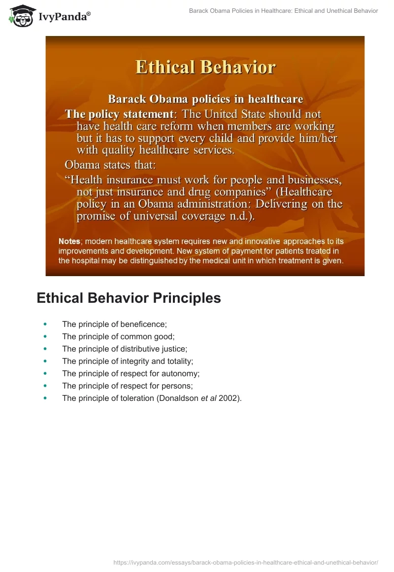 Barack Obama Policies in Healthcare: Ethical and Unethical Behavior. Page 2