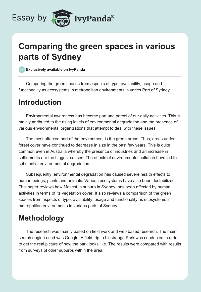Comparing the green spaces in various parts of Sydney. Page 1