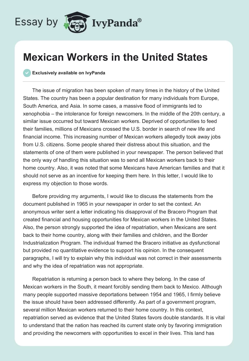 Mexican Workers in the United States. Page 1