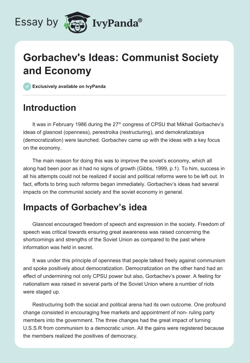 Gorbachev's Ideas: Communist Society and Economy. Page 1
