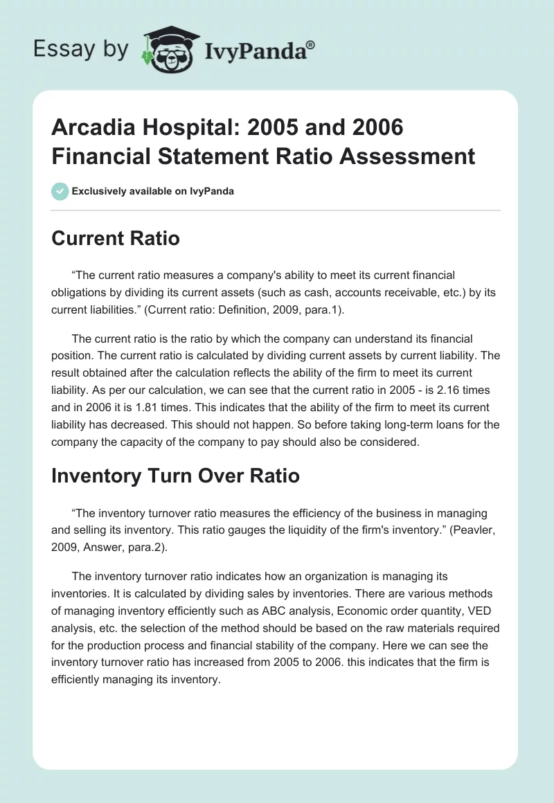 Arcadia Hospital: 2005 and 2006 Financial Statement Ratio Assessment. Page 1