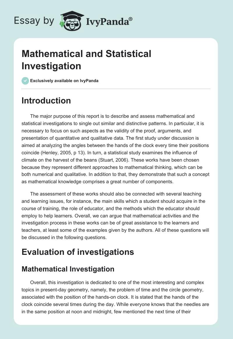 Mathematical and Statistical Investigation. Page 1